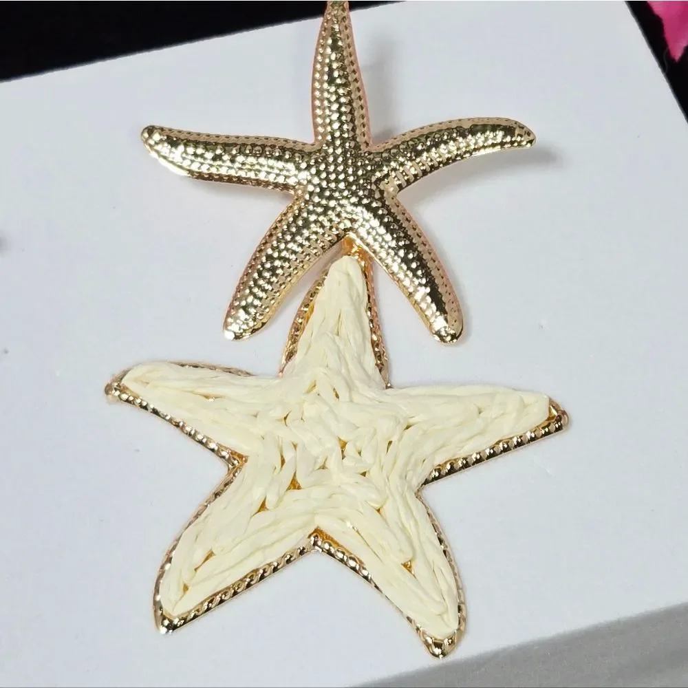 Raffia Starfish Earrings – Gold Woven Beach Statement Studs Coastal Dangles